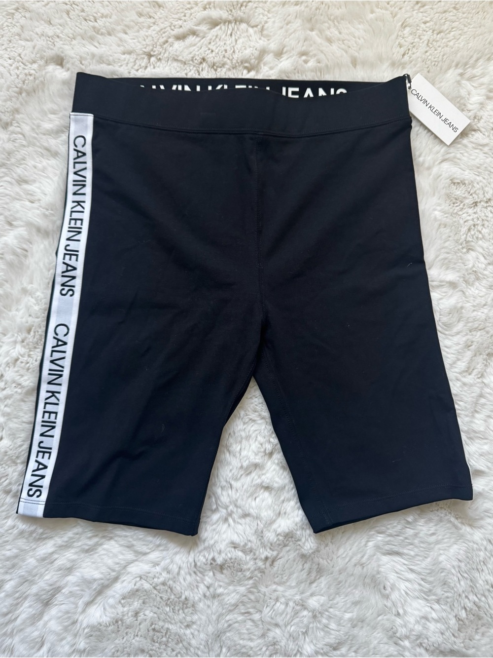 Calvin Klein Jeans Black White Logo Trim Elastic Waist Bike Shorts 6” Sz L Sport